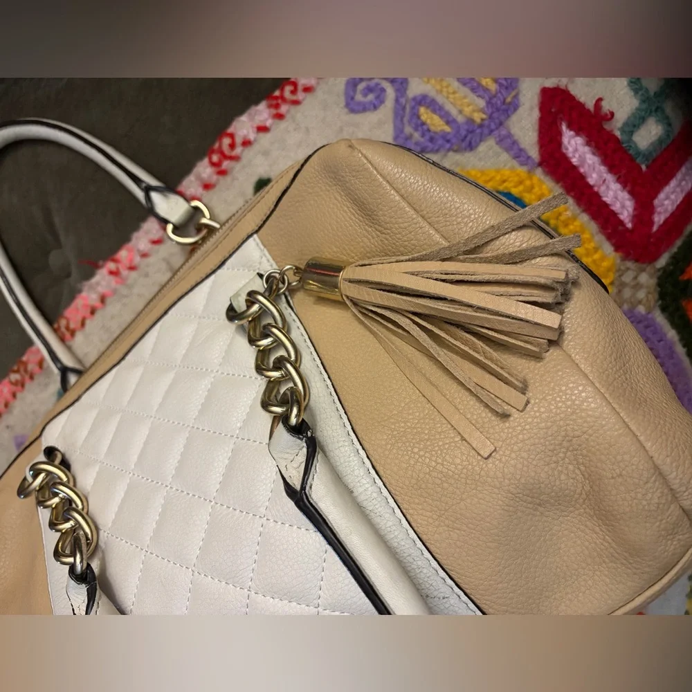 Calvin Klein White and Tan leather Quilted Shoulder Bag
